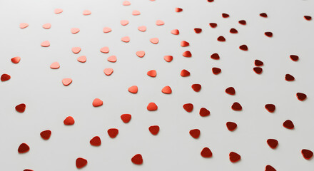 Red metallic hearts confetti scattered on white background valentine on transparent background joy