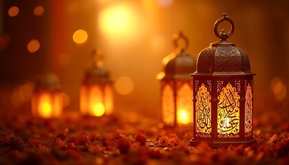 Ramadan Kareem glowing lantern with Arabic calligraphy and warm bokeh lights background
