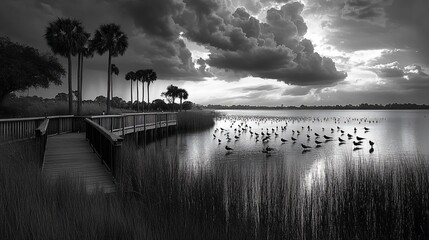 Stormy sunset, birds on lake, boardwalk scene