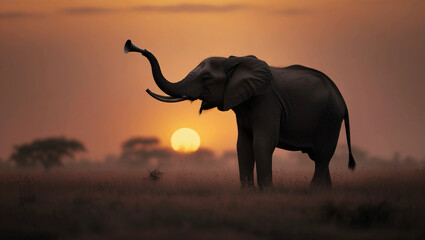 Naklejka premium A single elephant silhouette trumpets in a murky sky at sunset