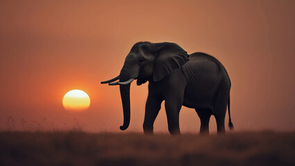 Obraz premium A single elephant silhouette trumpets in a murky sky at sunset