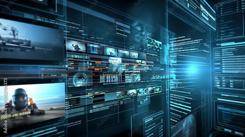 Poster futuristic digital interface technology and data visualization graphics on screens for modern inform