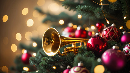Obraz premium A golden trumpet and red ornaments adorn a Christmas tree against a golden bokeh backdrop.