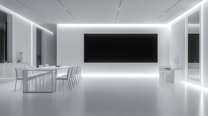 A white wall with a black screen in a modern conference room, a white table and chairs near the large LED display, a mock-up.