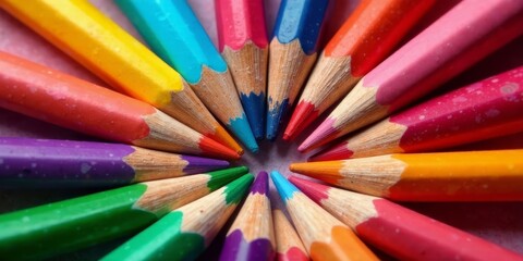 Fototapeta premium A vibrant array of colored pencils arranged in a circular pattern, showcasing a spectrum of hues and textures.