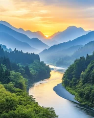 Fototapete Majestic mountains with a serene river flowing. © RACHADA STORY