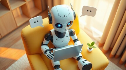 Relaxing robotic assistant on a comfy chair, working on a laptop with chat bubbles floating around.