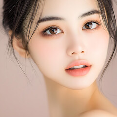 Fototapeta premium Portrait of a young woman studio photography soft lighting close-up beauty concept