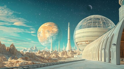Futuristic landscape featuring a planet, dome structures, and a stunning starry sky.