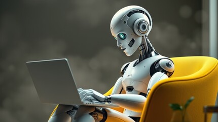 Fototapeta premium Robot working on a laptop, comfortably seated in a vibrant yellow chair, focused on the screen ahead.