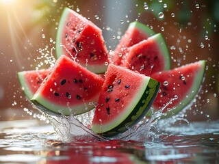 Mesmerizing splash of watermelon chunks mid-air: deep red, seed-speckled flesh, vibrant green rind, dancing droplets, and a warm, summery blurred background.