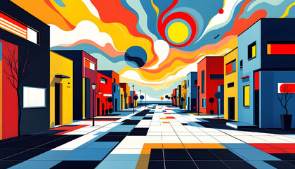 Vibrant Abstract Cityscape with Geometric Architecture and Surreal Sky