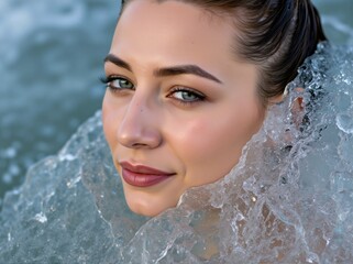 Obraz premium Beautiful woman with an alluring expression emerging from the water with bubbles