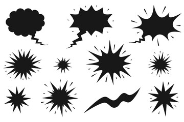 Set of black silhouette comic speech bubbles, bursts, and explosion effects with dynamic action lines  