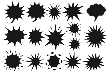 A collection of black silhouette comic book-style speech bubbles, bursts, and explosion effects on a white background  
