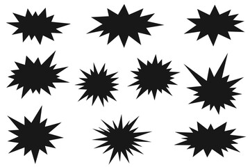 Set of black silhouette comic speech bubbles, bursts, and explosion effects with dynamic action lines  
