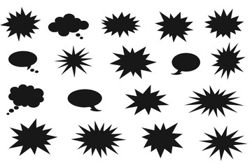 Set of black silhouette comic speech bubbles, bursts, and explosion effects with dynamic action lines  