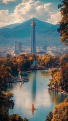 Fototapeta premium Autumn park lake city tower