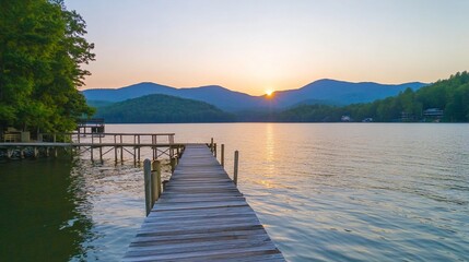 Obraz premium Sunrise over lake, mountain view, wooden dock