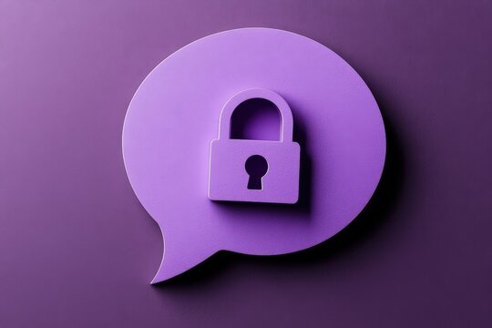 A purple padlock on a purple speech bubble shape rests