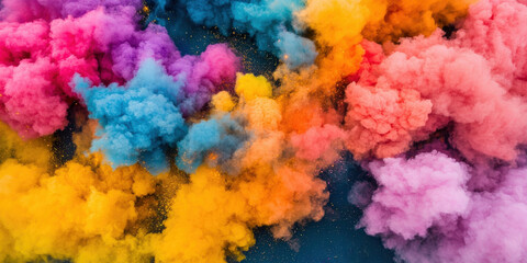 Fototapeta premium A vibrant explosion of colorful smoke in shades of pink, blue, yellow, and orange against a blue background, creating an artistic and dynamic visual effect.