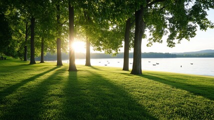 Sunset casts long shadows on lakeside park