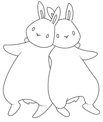 Cute white rabbit. Cartoon character Couple in love. Love and friendship. Outline. Coloring page. Hand drawing. Easter illustration. Valentine's Day.