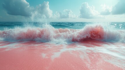 Fototapeta premium Pink Beach Waves Crashing; Scenic Seashore; Relaxing Atmosphere; Coastal View; Photo Opportunity