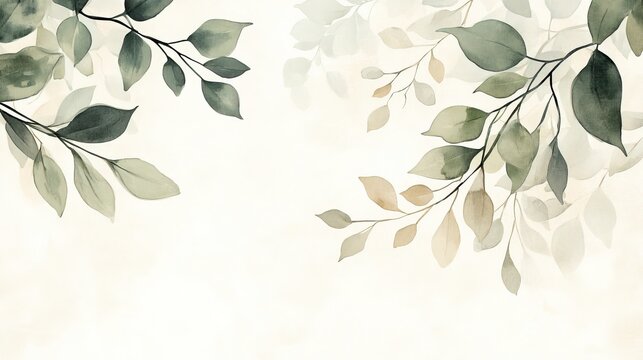  Elegant Watercolor Greenery with Soft Light Green and Beige Leaves on Neutral Background, Creating a Fresh and Natural Aesthetic for Invitations and Branding.