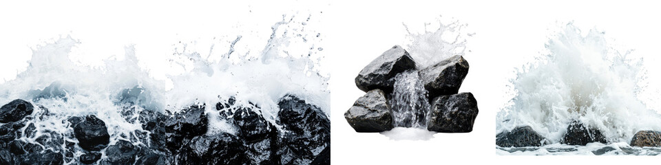 Naklejka premium Dramatic Image Capturing the Powerful and Turbulent Motion of Crashing Waves Colliding Against a Rugged Rocky Coastline in Stormy Moody Weather Conditions