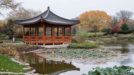 Fototapeta premium Autumn park pagoda lake reflection