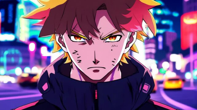 Vibrant Anime Character with Intense Expression in a Colourful Urban Nightscape
