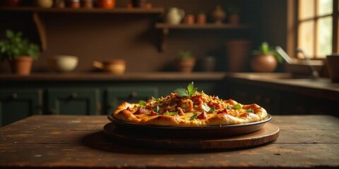Rustic Kitchen Setting Showcases a Delicious Savory Baked Pizza with Crispy Toppings and Fresh Herbs