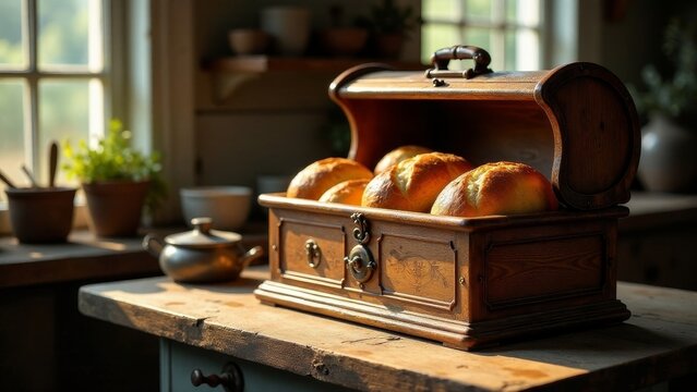 Golden-crusted loaves nestled in an antique wooden breadbox, bathed in warm sunlight, creating a rustic and inviting kitchen scene