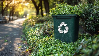 Green waste bin curbside, sunny street