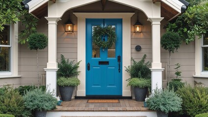 A front entrance of a home with a blue door ,entrance to the house