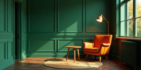 Sunlit Interior Design  Orange Leather Armchair and Side Table in a Room with Green Walls and Hardwood Floors