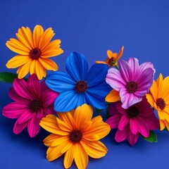 Generative AI Colorful Flowers on Blue Background flowers daisies blue background yellow orange pink blue floral vibrant arrangement beauty joy cheerfulness optimism  - Grab attention.