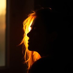 Generative AI Golden Hour Profile: Silhouette of Thought silhouette woman profile golden light hair face window sunset indoor dark background introspection mood contemplation beauty serenity