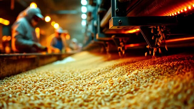Industrial Grain Processing Plant: Workers and Machinery in Action