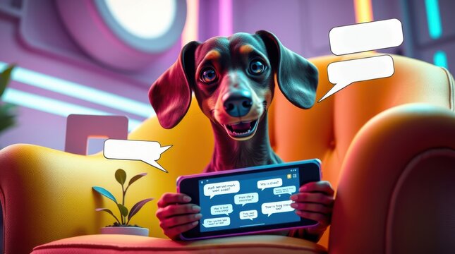 Dog engaging in online conversations while relaxing on a chair in a futuristic room with neon lights.