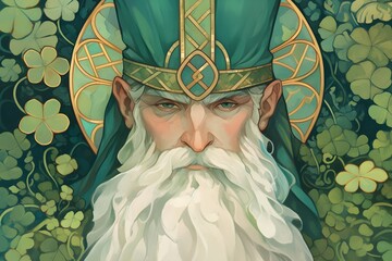 St. Patrick's Day celebration: Portrait of wise old man with white beard in green hat surrounded by shamrocks. Irish folklore, Celtic traditions, and lucky charm concept