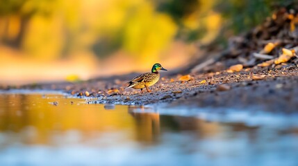 Teal Duck by Autumn Puddle at Sunset