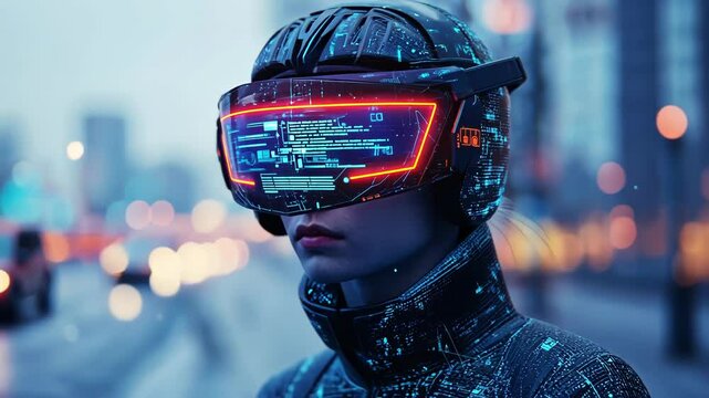 A futuristic figure in a neon-lit city, wearing advanced VR gear.