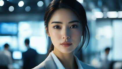 Naklejka premium A portrait of a confident young Asian businesswoman standing in a modern office setting, exuding professionalism and success.