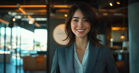 Fototapeta premium A portrait of a confident young Asian businesswoman standing in a modern office setting, exuding professionalism and success.