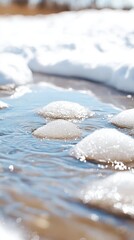 Melting Snow Patches Float in Calm Water on a Sunny Day, Winter Season Scene