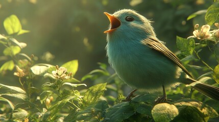 Obraz premium Cute bird singing in a sunny garden. Possible use for children's books, cards, or desktop wallpapers