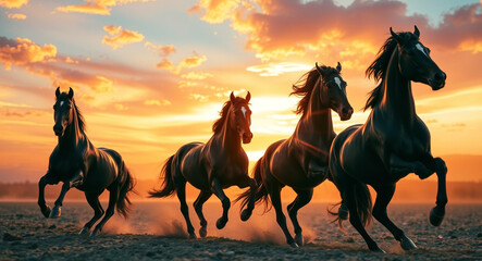 horse running in the fire background with smoke. (golden hour)	
