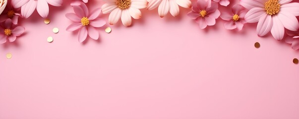 Fototapeta premium Pink daisy flowers border on pastel background with copy space. Spring floral arrangement for Mother's Day, Women's Day, or Easter greeting card design. Feminine festive composition.